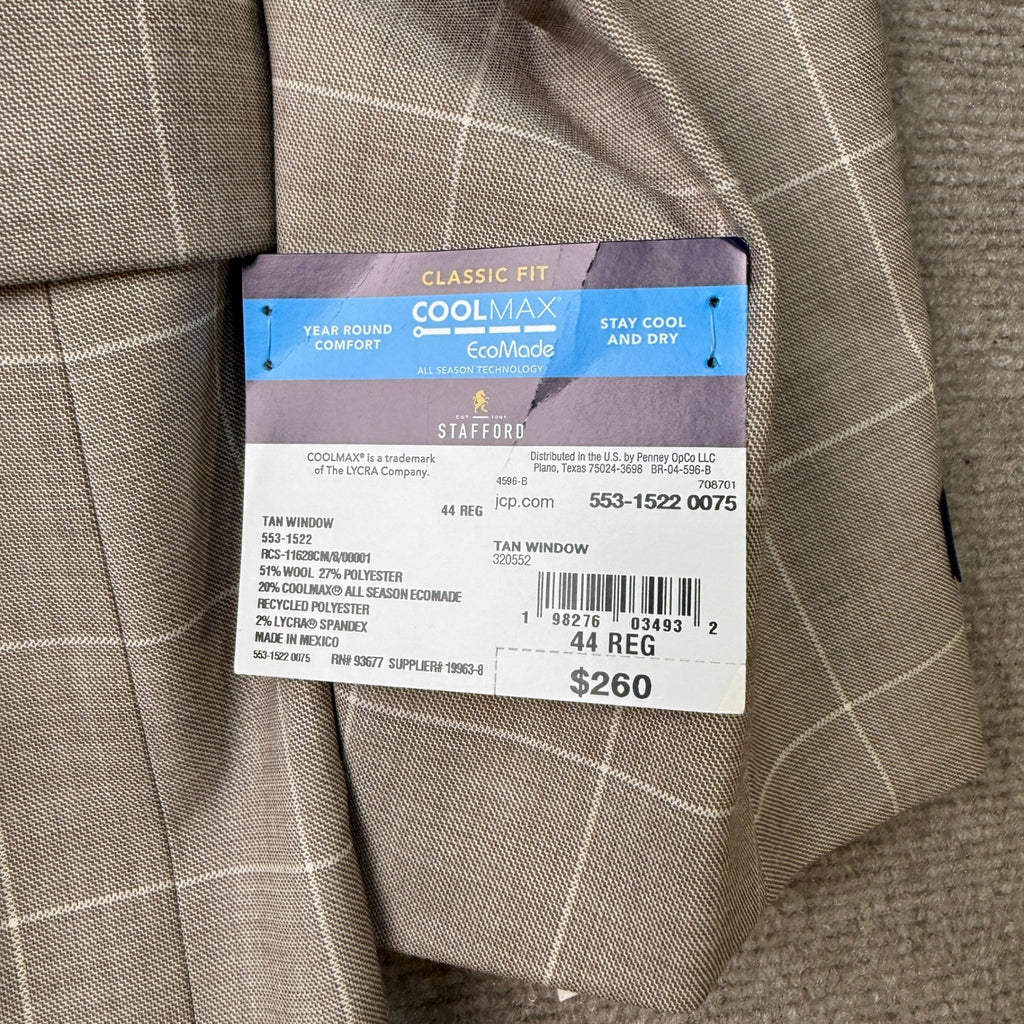 MSRP $260 Stafford Coolmax Mens 44 Tan Windowpane Classic Fit Suit Jacket All S