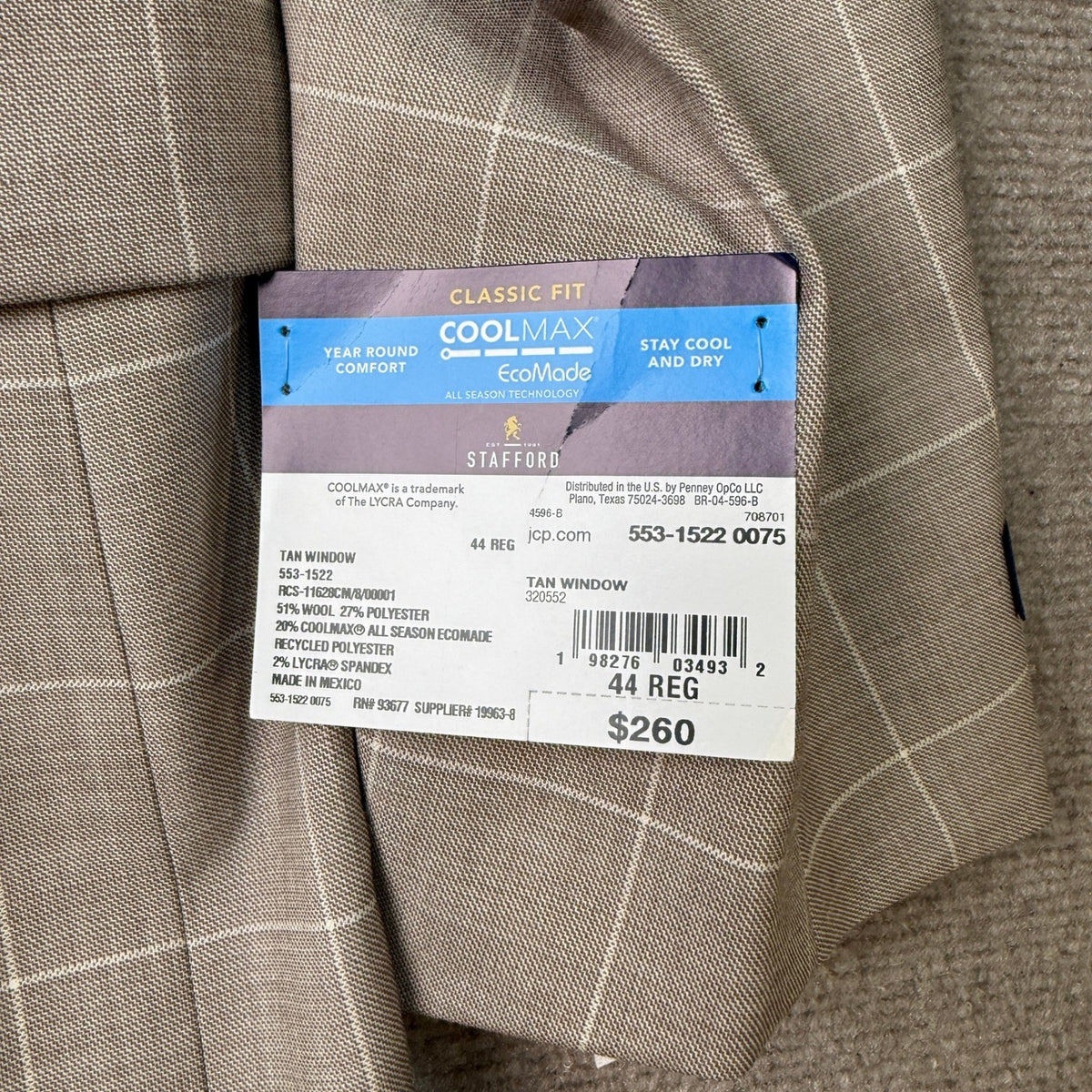 MSRP $260 Stafford Coolmax Mens 44 Tan Windowpane Classic Fit Suit Jacket All S