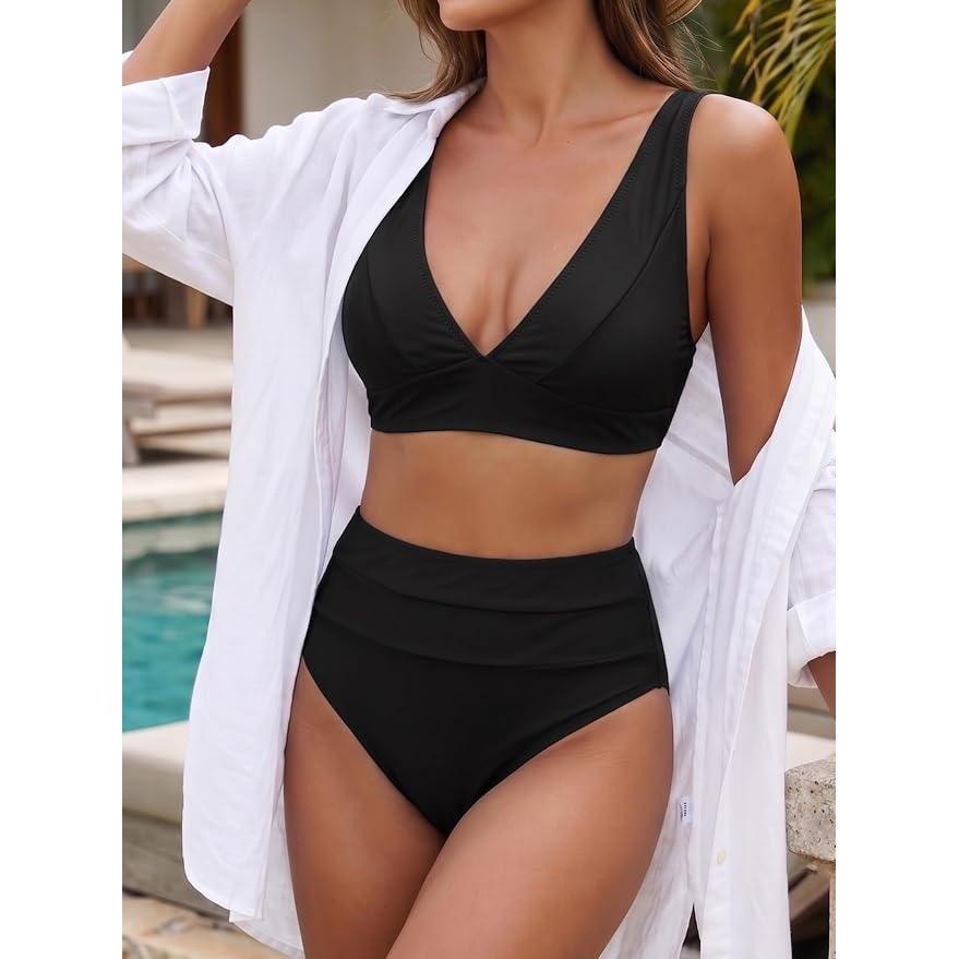 MSRP $50 Hilinker Women's S Bikini Set V Neck High Waisted Swimsuit 2 Piece B