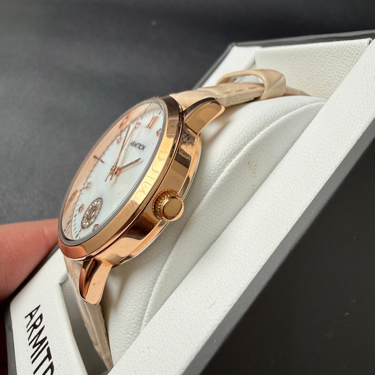 Armitron 75/5834RG Women's Rose Gold Tone Crystal Leather Strap Watch New Batte
