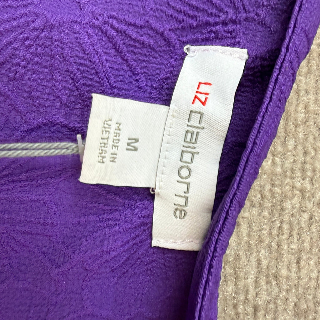 NWT Liz Claiborne Womens M Purple Floral Textured Knit Stretch Blouse Round Neck
