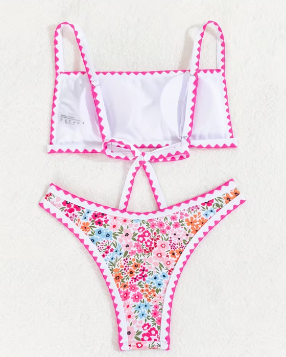 Women's M-XL Floral Print 2 Piece Bikini Set with Ric Rac Trim Tie Back High Cut