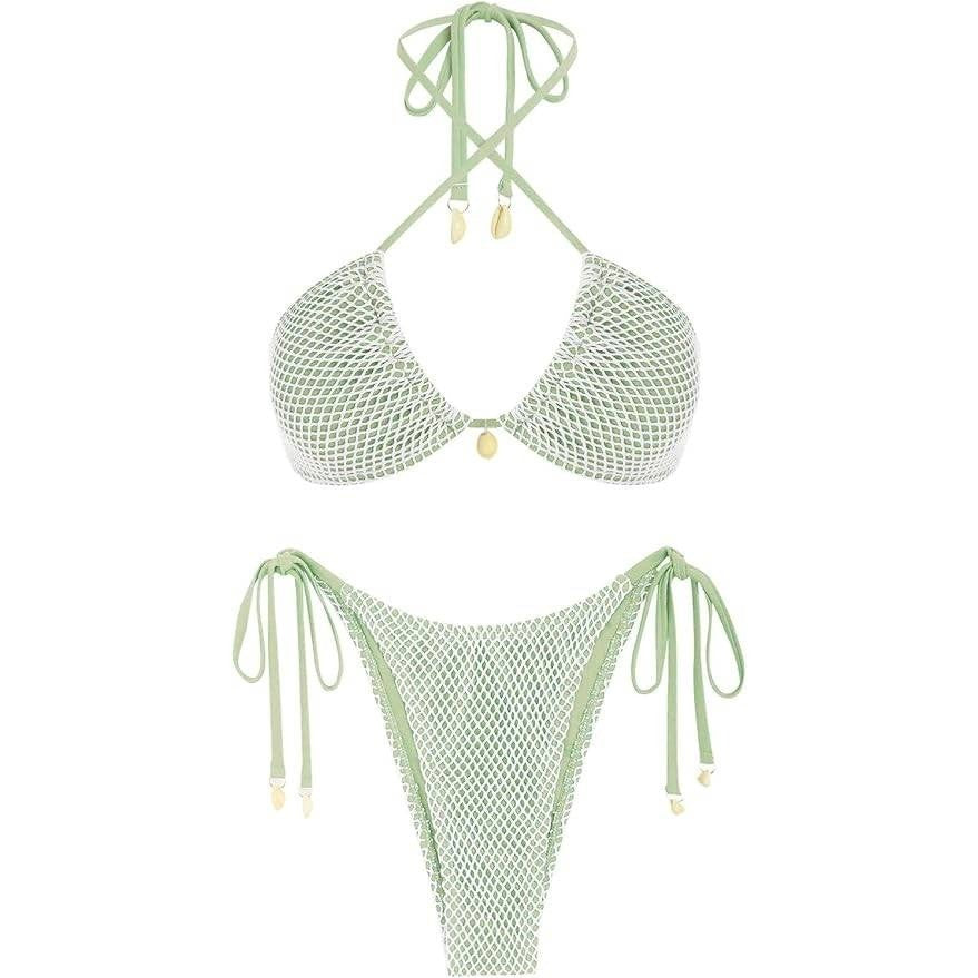 MSRP $47 seamoly Women's S Two Piece Bathing Suit Fishnet Shell Tie Back Halt