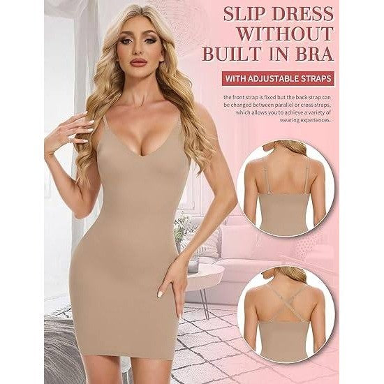 MSRP $23 SLIMBELLE Women's L Nude Shapewear Slips For Under Dress Deep V Neck
