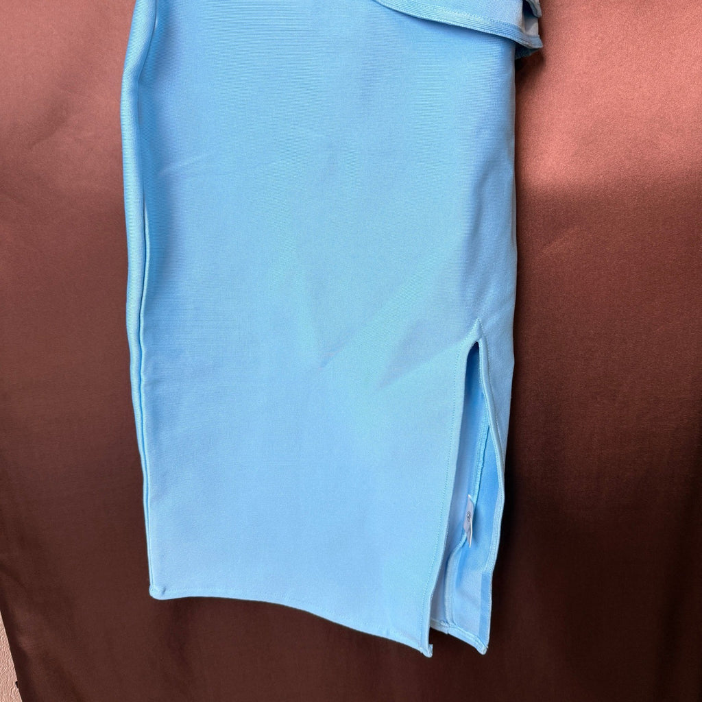 UONBOX Women's XS Light Blue One Shoulder Sleeveless Side Split Bandage Dress