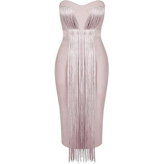 UONBOX Women's S Nude Strapless Elegant Tassel Tube Bodycon Bandage Dress
