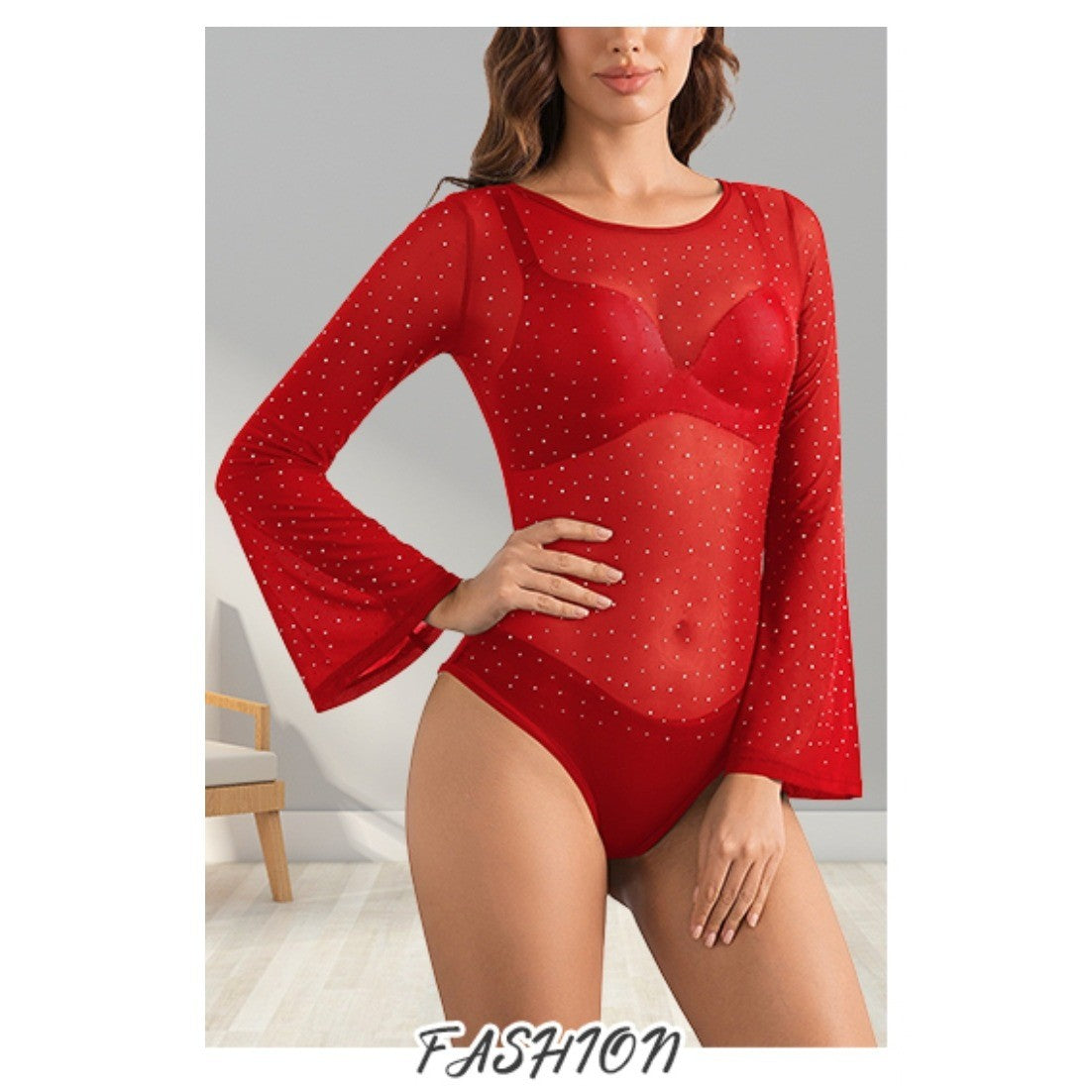 SEBOWEL Women's L Red Rhinestone Bodysuit Bell Sleeve Glitter Sparkly See Throu