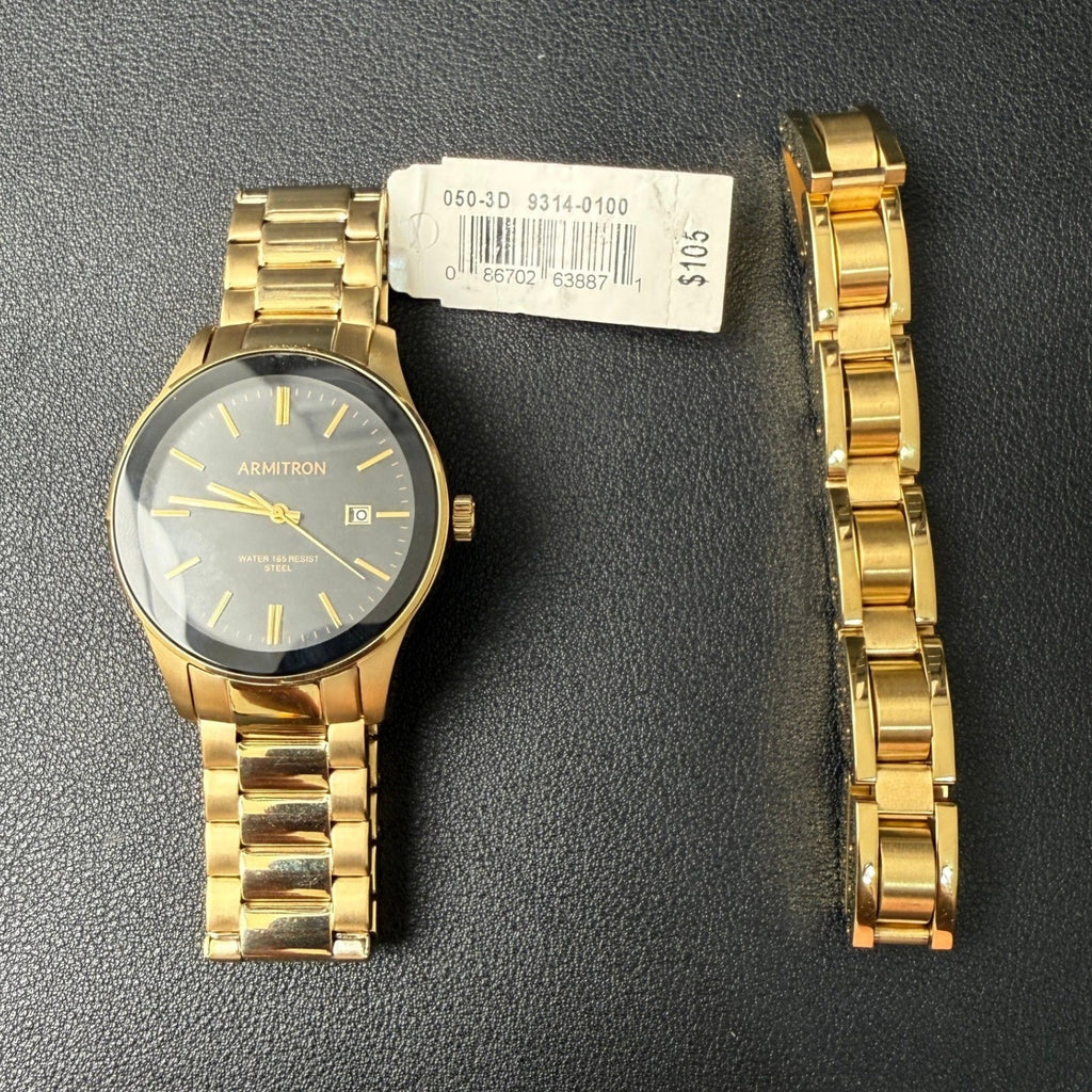 MSRP $105 Armitron 20/5374GP Men's Gold Tone Watch w/ Bracelet Set New Battery