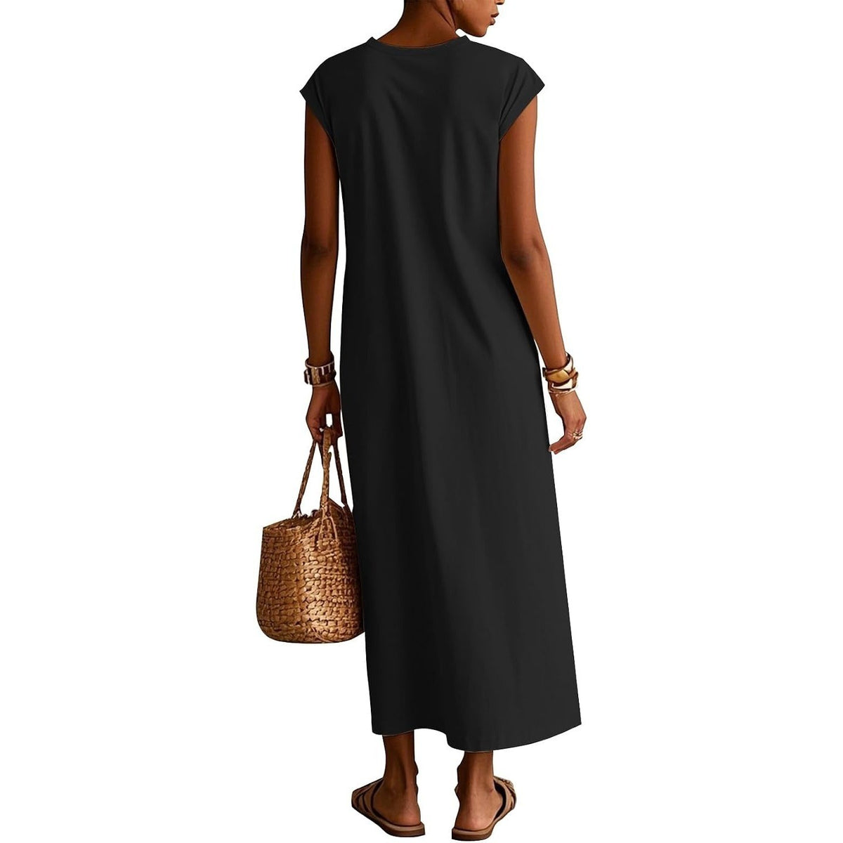 MSRP $20 TZDNI Women's M Black Summer Maxi Long Dress Mock Neck Sleeveless