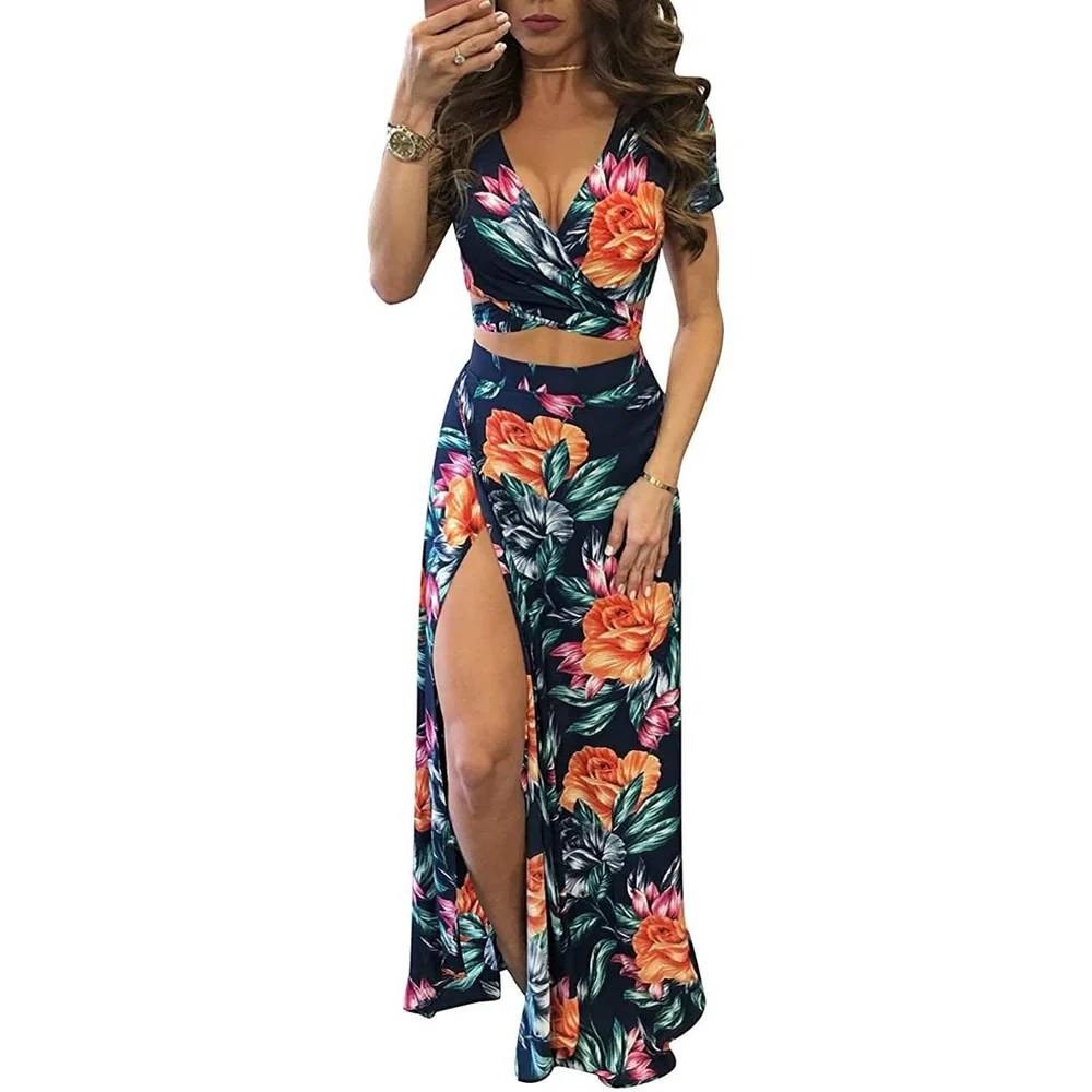 MSRP $48 Aro Lora Women's XL Sexy V Neck Floral Printed Side Slit Two-Piece Max