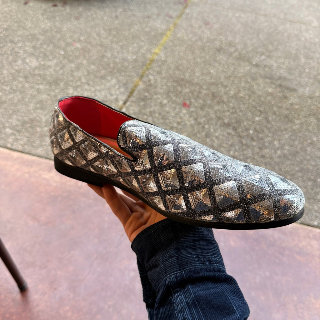 Santimon Mens US 12 Silver Paillette Glitter Smoking Slip On Loafers Dress Shoes