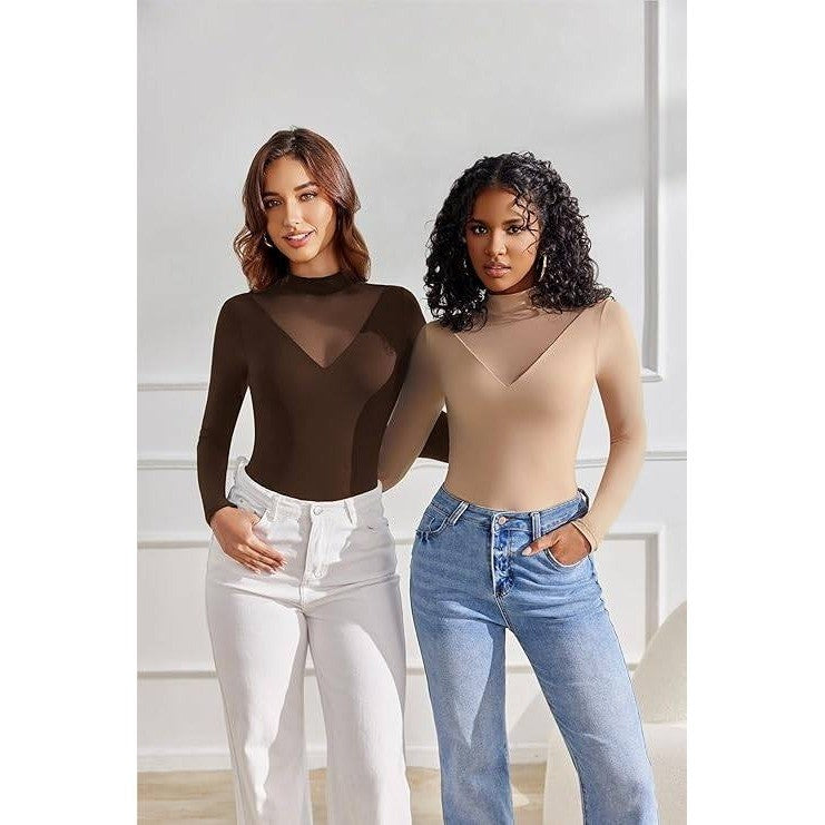 Avidlove Women's Brown M Bodysuits Mock Turtle Neck Long Sleeve Shirts Mesh Goi
