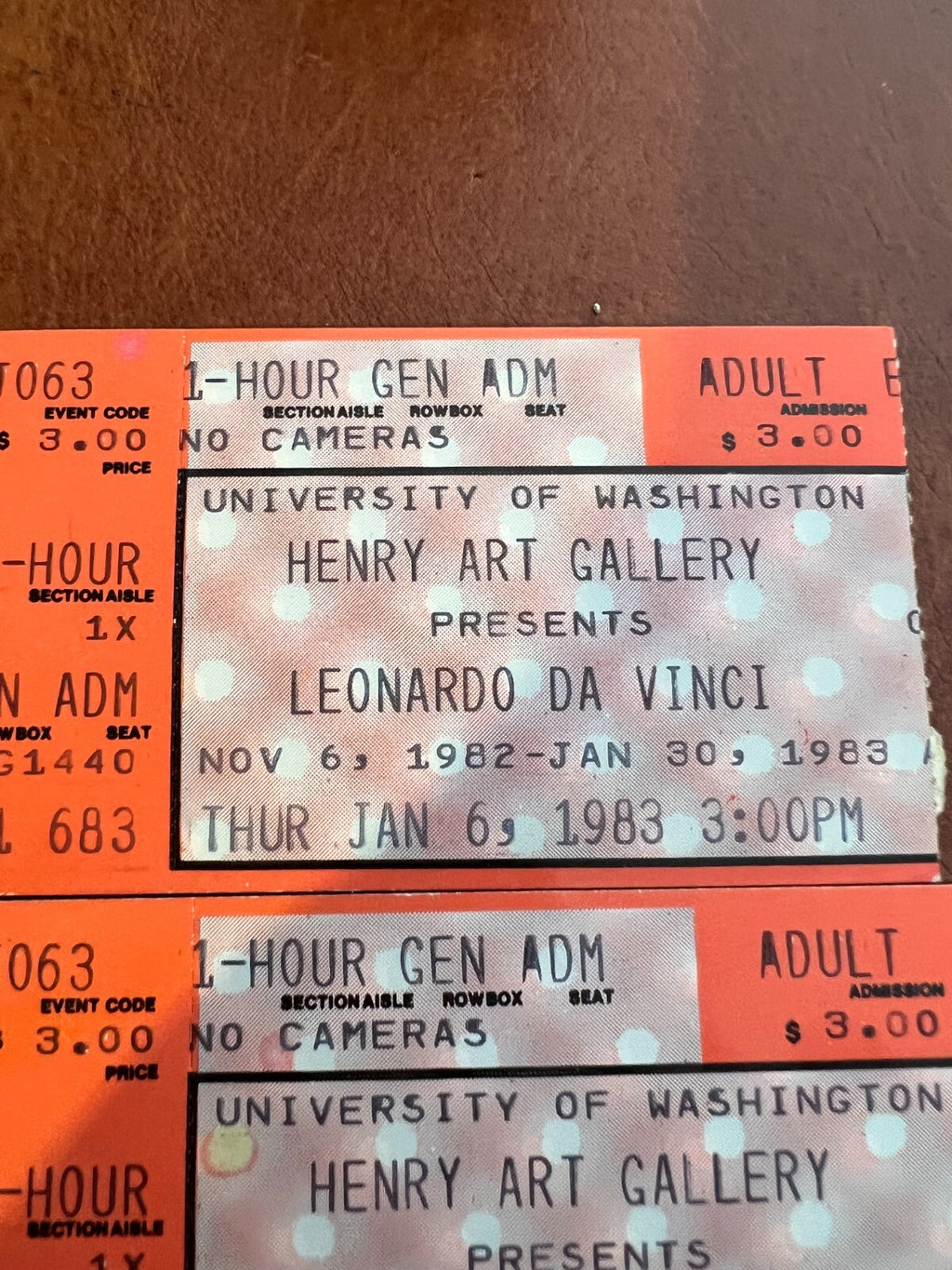 Vintage lot of 3 Henry Art Gallery Leonardo Da Vinci 1982, 1983 Ticket Stubs