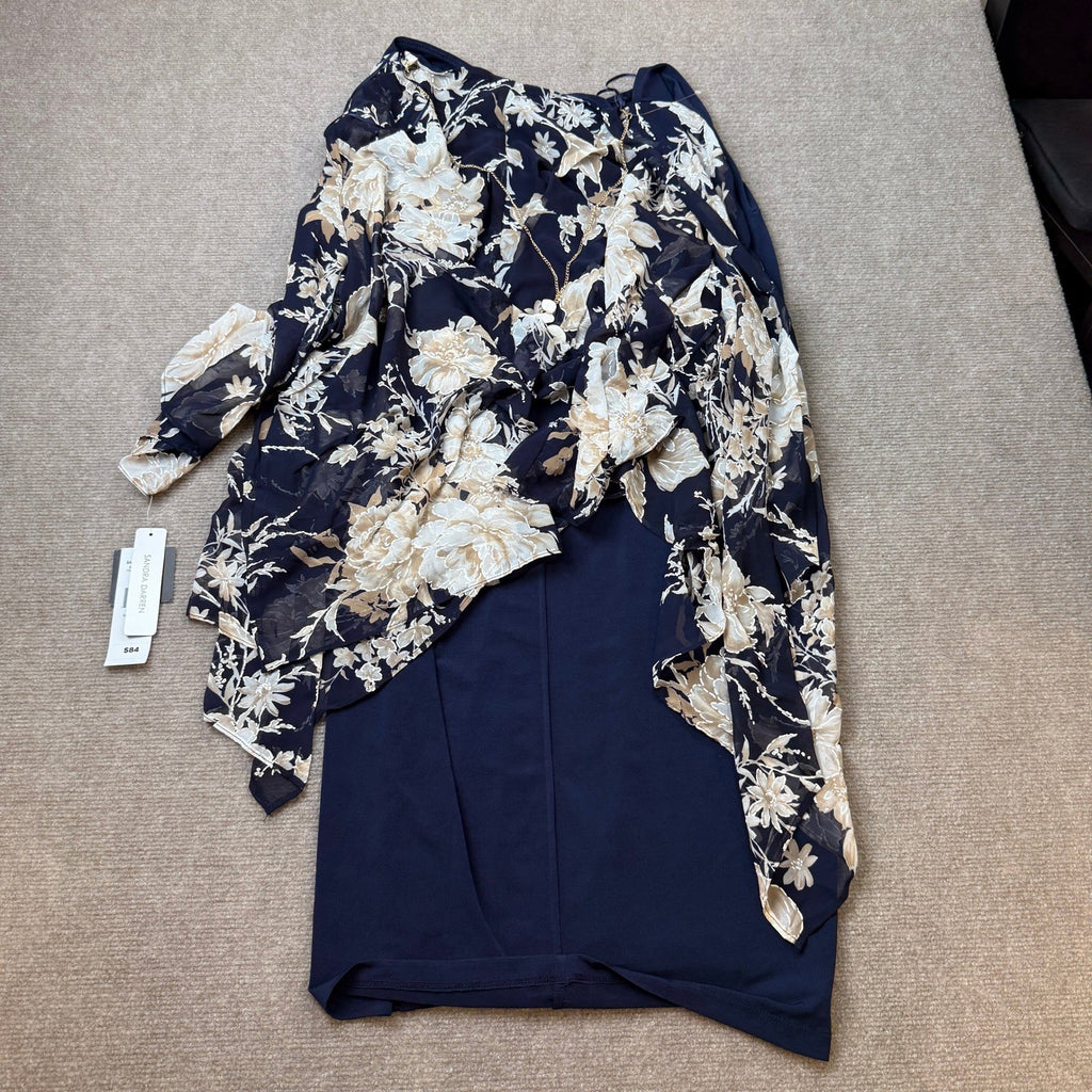 MSRP $84 Sandra Darren Womens XL Navy Ivory Tan Floral Jacket Dress With