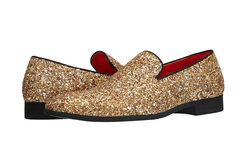 Santimon Men's US 9.5 - 12.5 Gold Sequins Glitter Smoking Loafers Dress Shoes  P