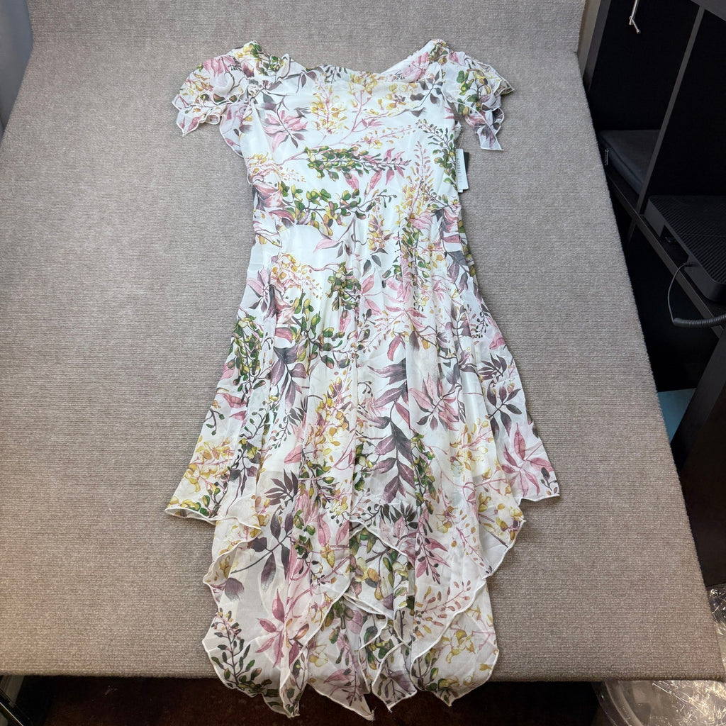 MSRP $79 Robbie Bee Womens 16 Ivory Multi Floral Midi Dress Draped Neck Short