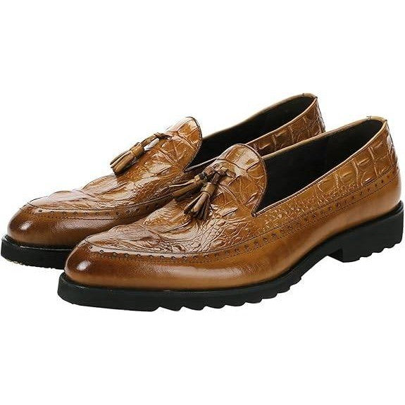 Santimon Men's US 9 Brown Leather Alligator Print Tassel Loafer Slip On Shoes