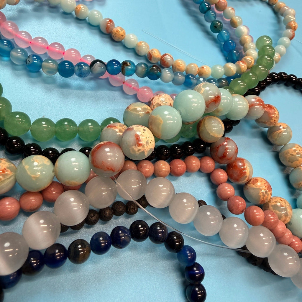 Set of 10 Natural Gemstone Round Beads Strands 15" Sizes 6,8,10 mm 10oz №B28