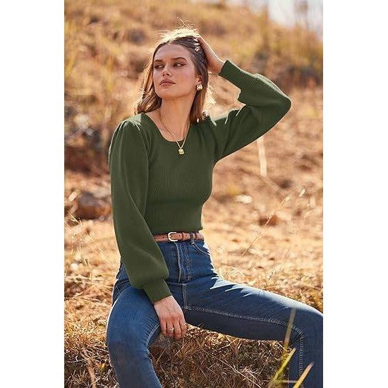 MSRP $43 MASCOMODA Women's S Army Green Long Puff Sleeve Bodysuit Crewneck