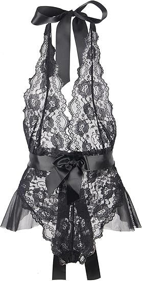 ohmydear Women Black XS-S Teddy Deep Sexy One Piece Lace Babydoll V Lingerie Plu