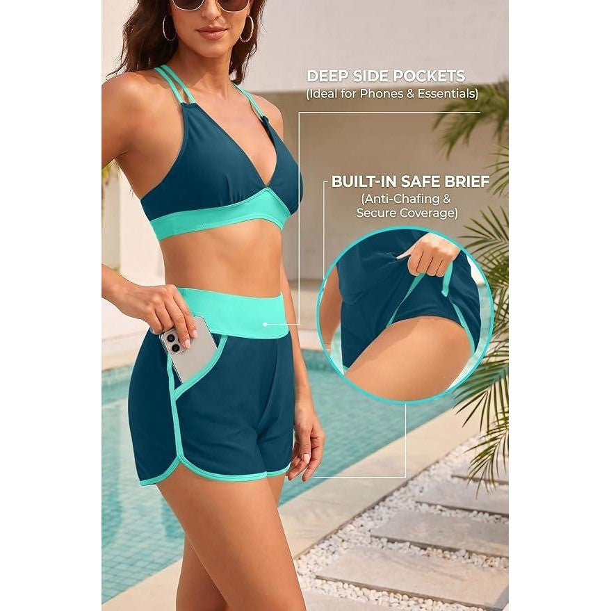 MSRP $41 Daci Women's L 3 Piece Tankini Swimsuit Tummy Control with Bra Pocket