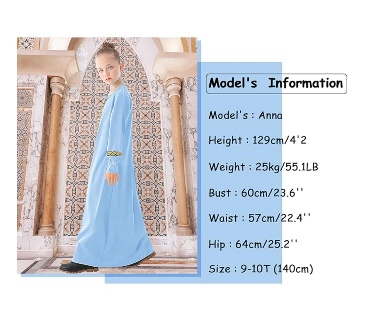 Abetteric Kids Girls Long Sleeve Abaya Dress Muslim Islamic Kaftan Printed Maxi