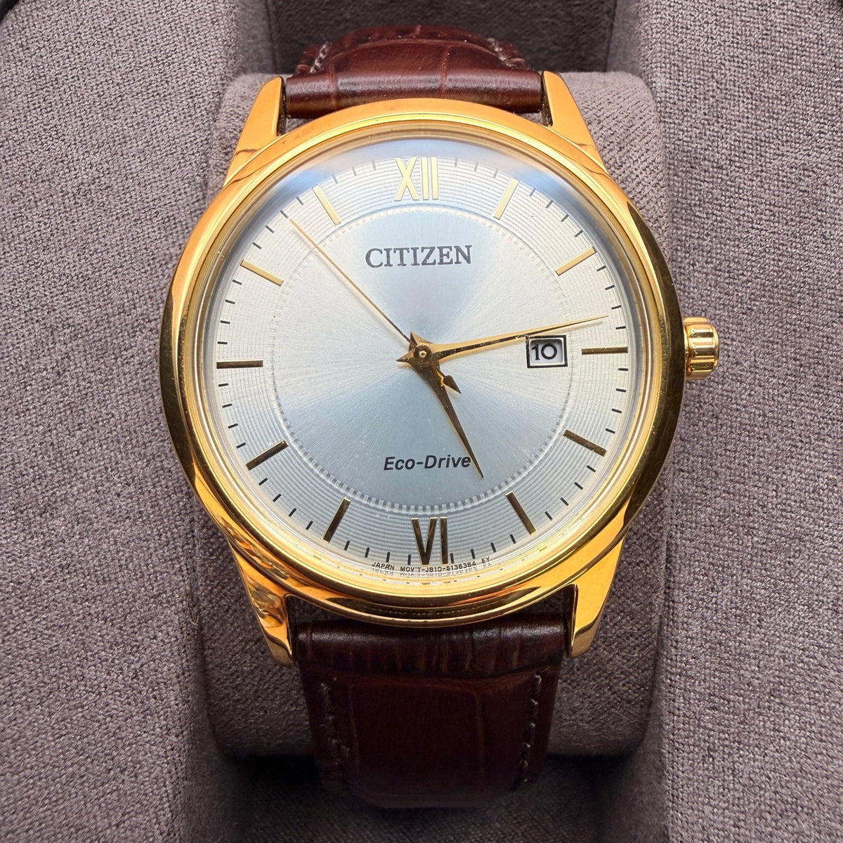 Citizen AW1232-04A Eco-Drive Men's Classic Watch Gold Tone, White Dial, Brown Le