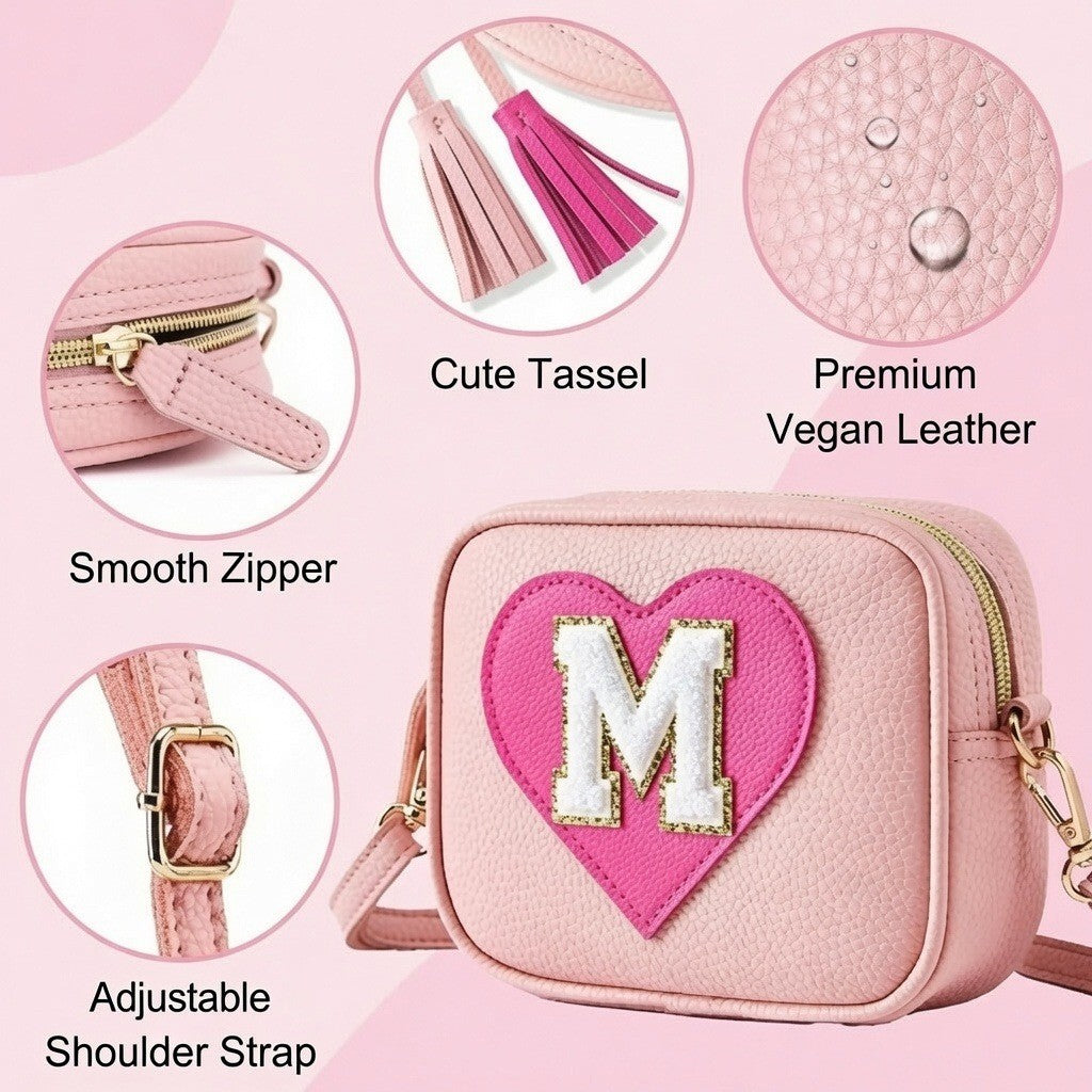 ONECOCOA Girls Crossbody Purse Pink Initial M Toddler & Kids Bag w/ Tassel
