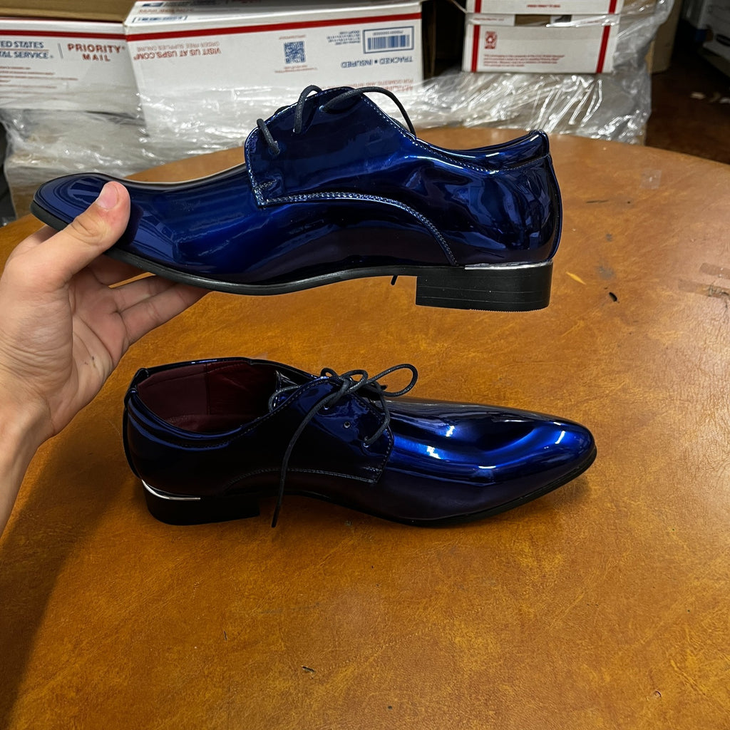 Santimon Men's US 7 - 11 Blue Patent Leather Shiny Derby Pointed Toe Shoes