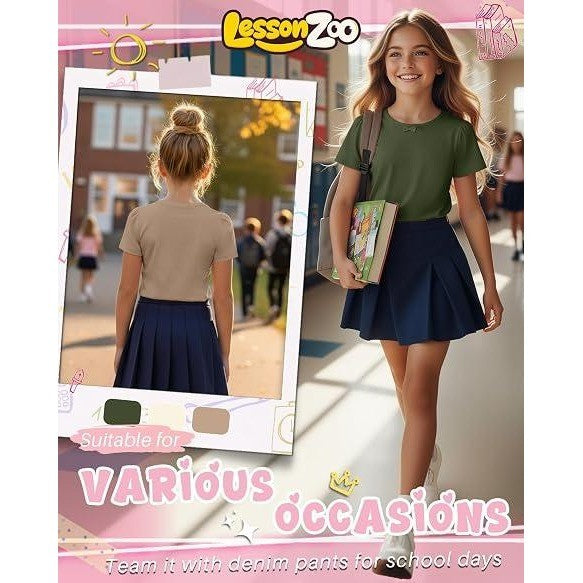 NWT LessonZoo 3 Pack Girls 7-8Y Cream/Khaki/Olive Green Bow Crewneck Tees Short