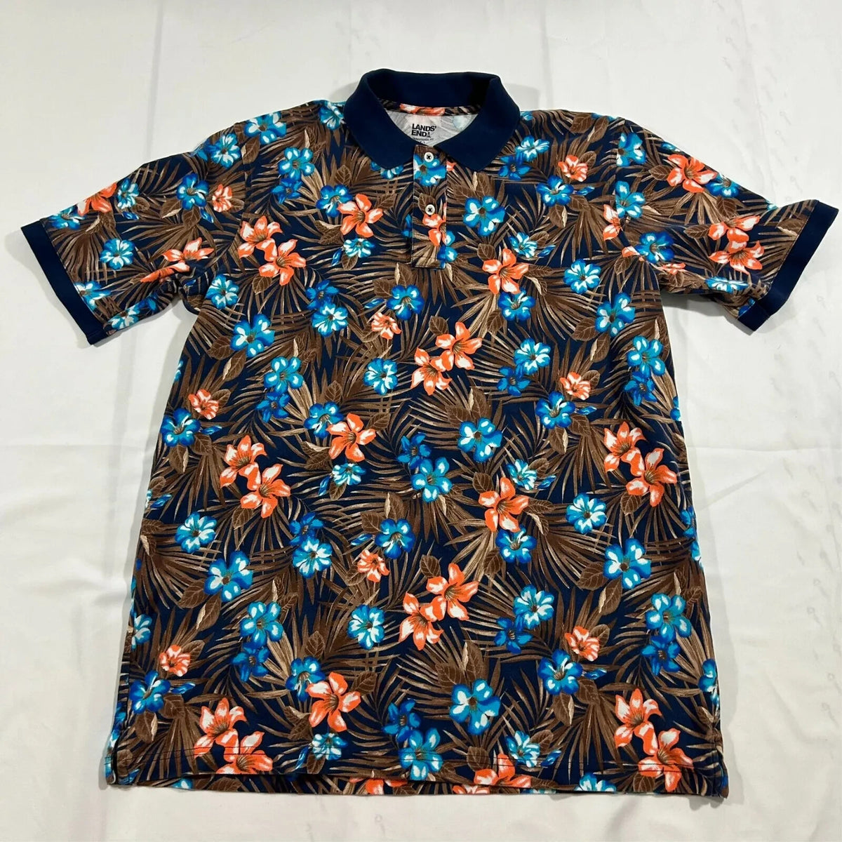 Lands' End Short Sleeve Floral Hawaiian Polo Shirt Men's M-XL Deep Sea Navy Trop