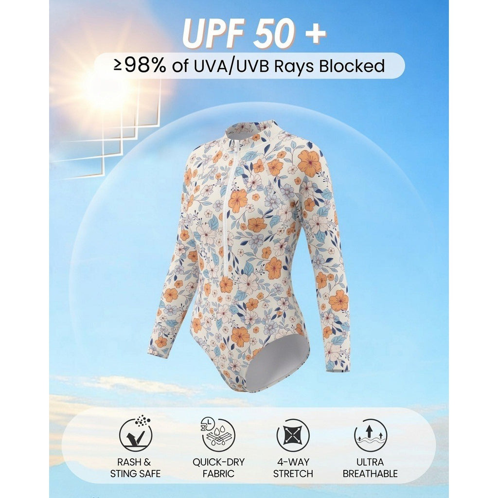 MSRP $32 Century Star Women's S Orange Flower Long Sleeve Swimsuits Rash Guard