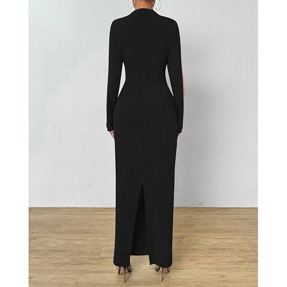 MSRP $64 BTFBM Women's S Black Bodycon Maxi Dress Long Sleeve Back Slit Ruched