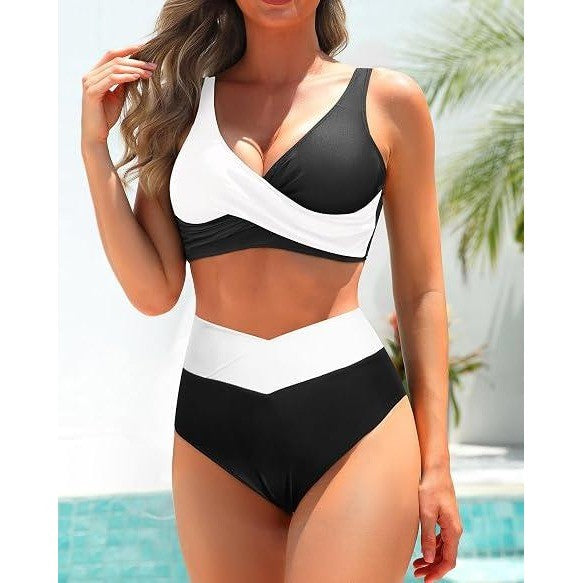 MSRP $42 Aqua Eve Womens XL Black/White 2 Piece Swimsuits High Waist Bikini Tw