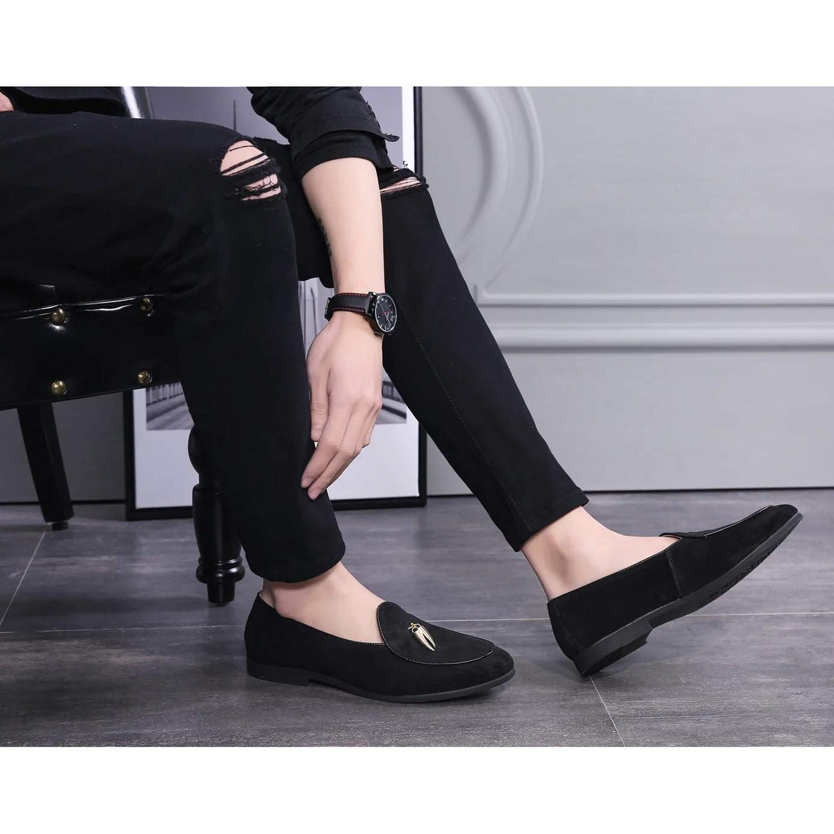 Santimon Men's US 8.5 Black Suede Smoking Slip On Loafers Formal Dress Shoes