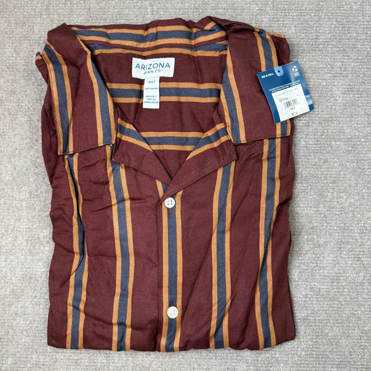 MSRP $34 Arizona Mens 2XLT Big & Tall Red Stripe Button-Down Shirt Short Sleeve