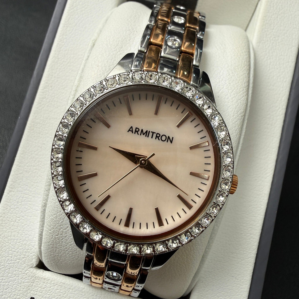 Armitron Women's 75/5802TR Silver/Rose Gold Crystal Bracelet Watch New Battery