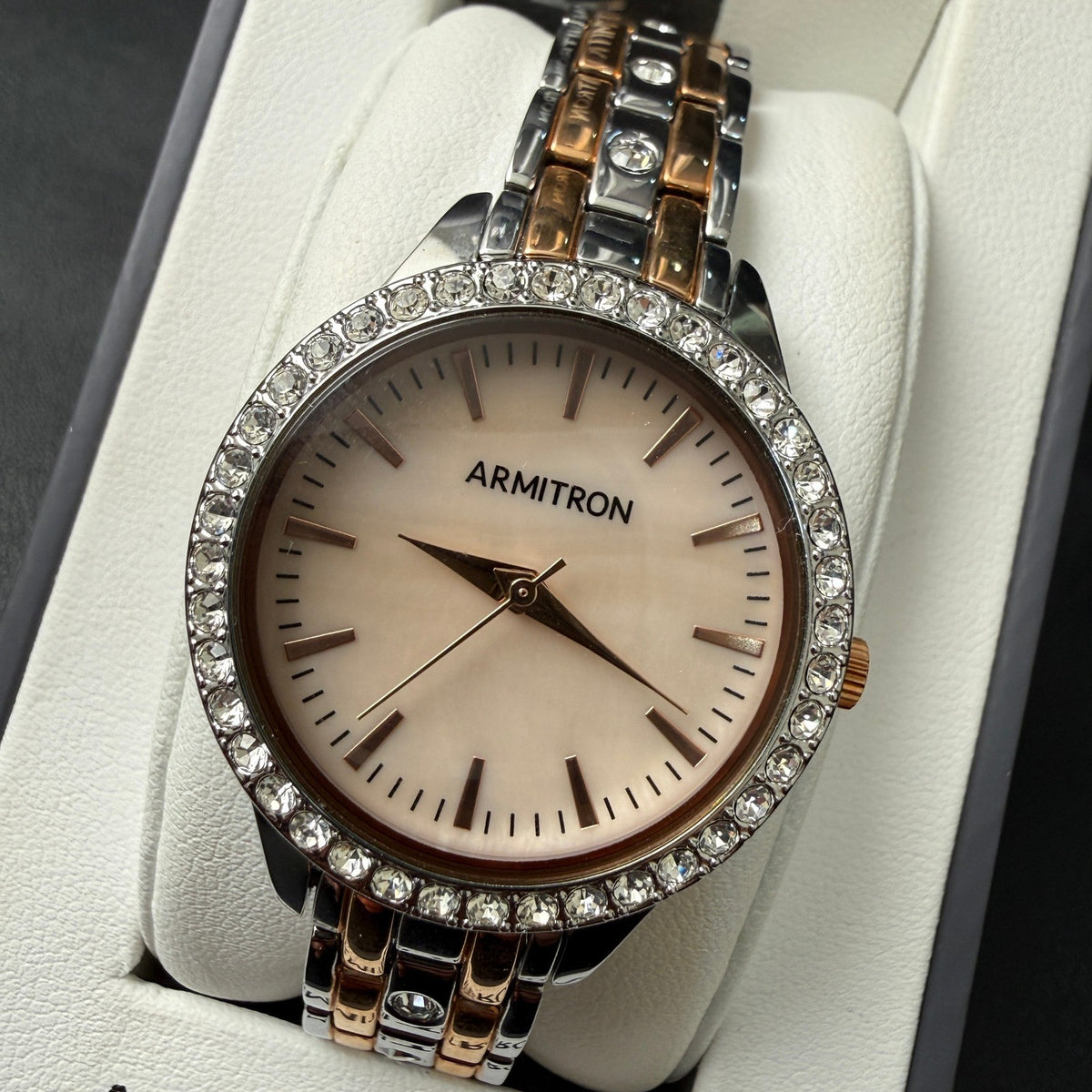 Armitron Women's 75/5802TR Silver/Rose Gold Crystal Bracelet Watch New Battery
