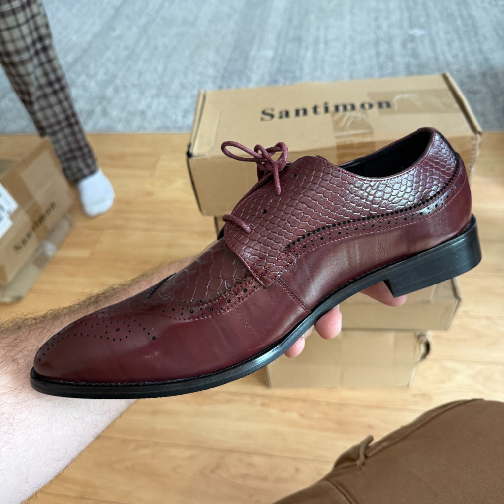 Santimon Men's US 7 - 11 Red Derby Crocodile Pattern Pointed Toe Brogue Shoes