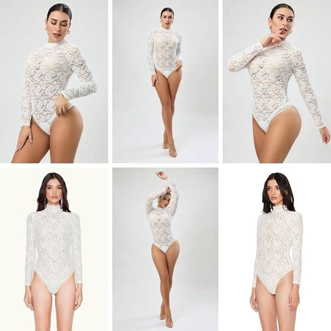 MSRP $33 RARITYUS Women's S See Through Floral Lace Long Sleeve Bodysuit Sexy