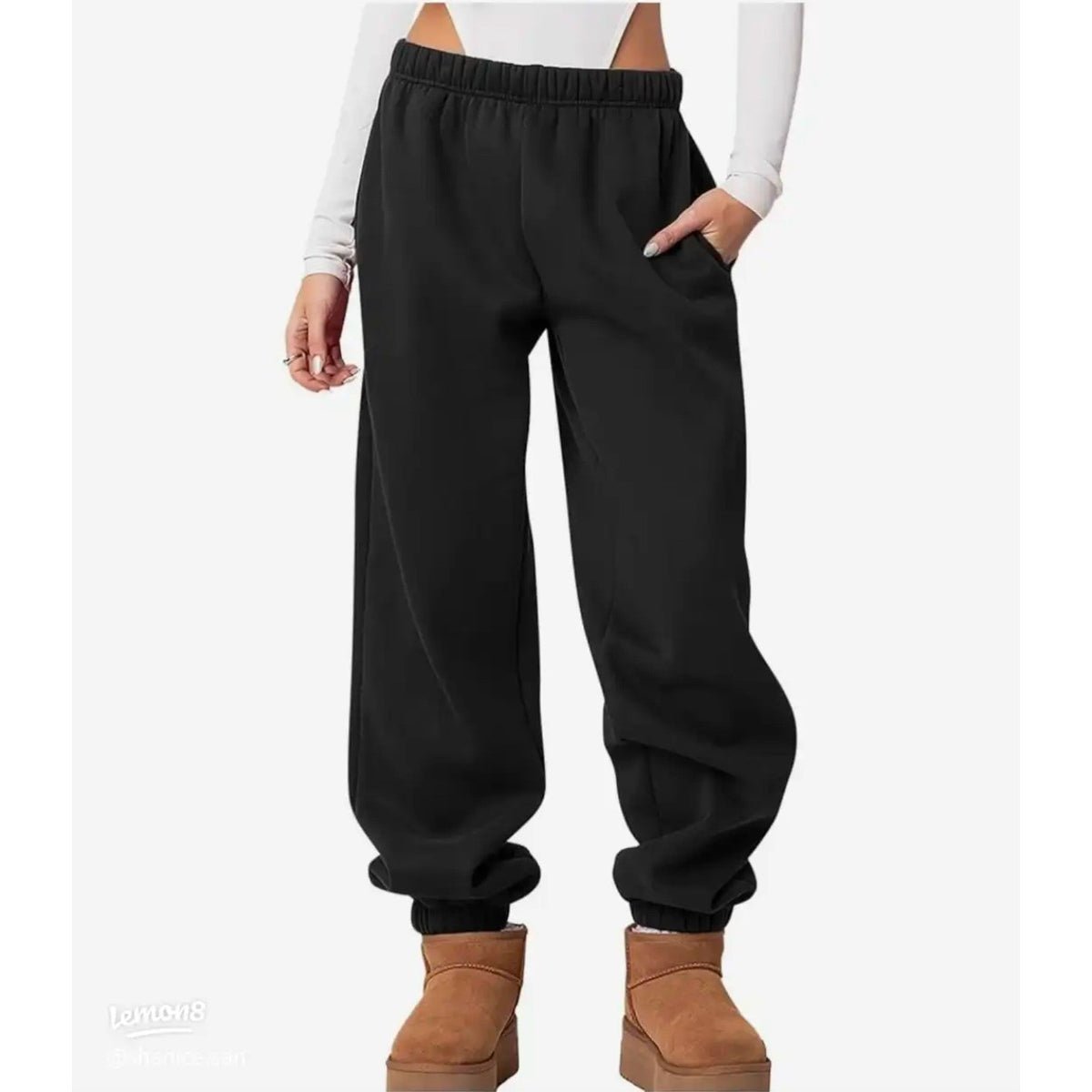 MSRP $33 FACDIBY Women's M Black Fleece Lined Sweatpants High Waist Drawstring