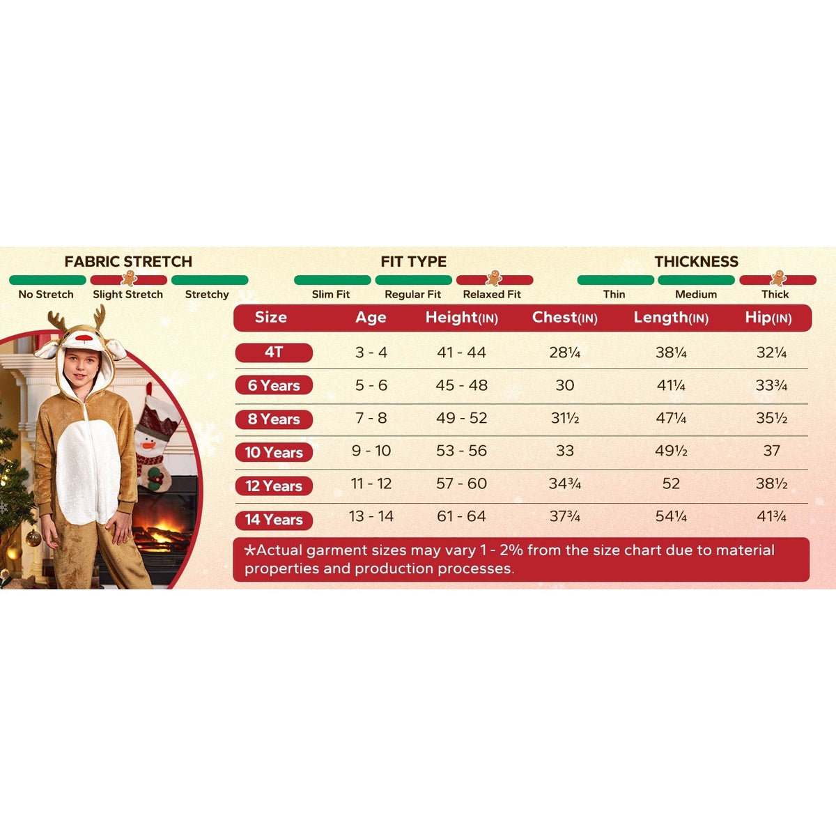 IIMMER Kids 11-12Y Christmas Costume Brown Reindeer Flannel Hooded Jumpsuit