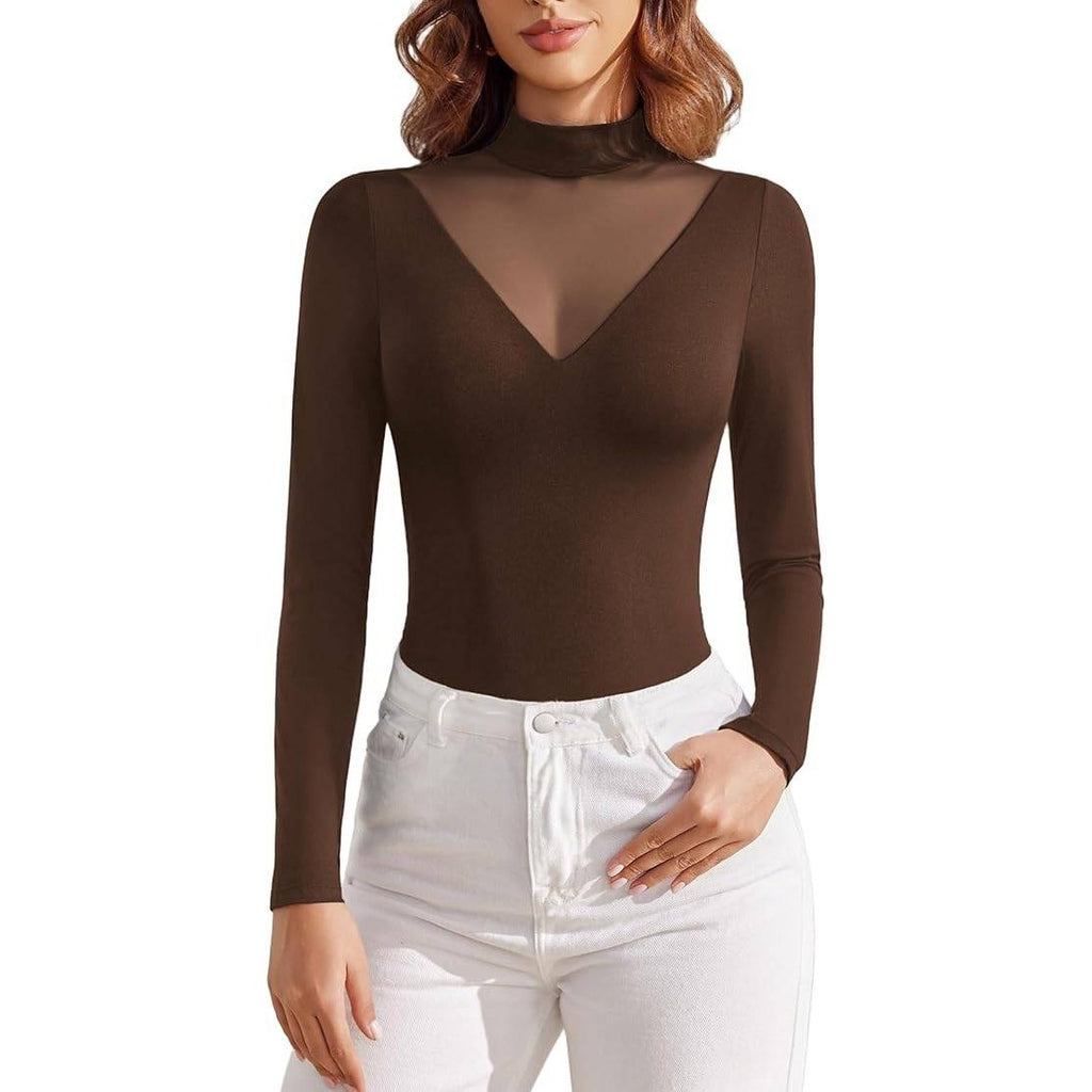 Avidlove Women's Brown M Bodysuits Mock Turtle Neck Long Sleeve Shirts Mesh Goi