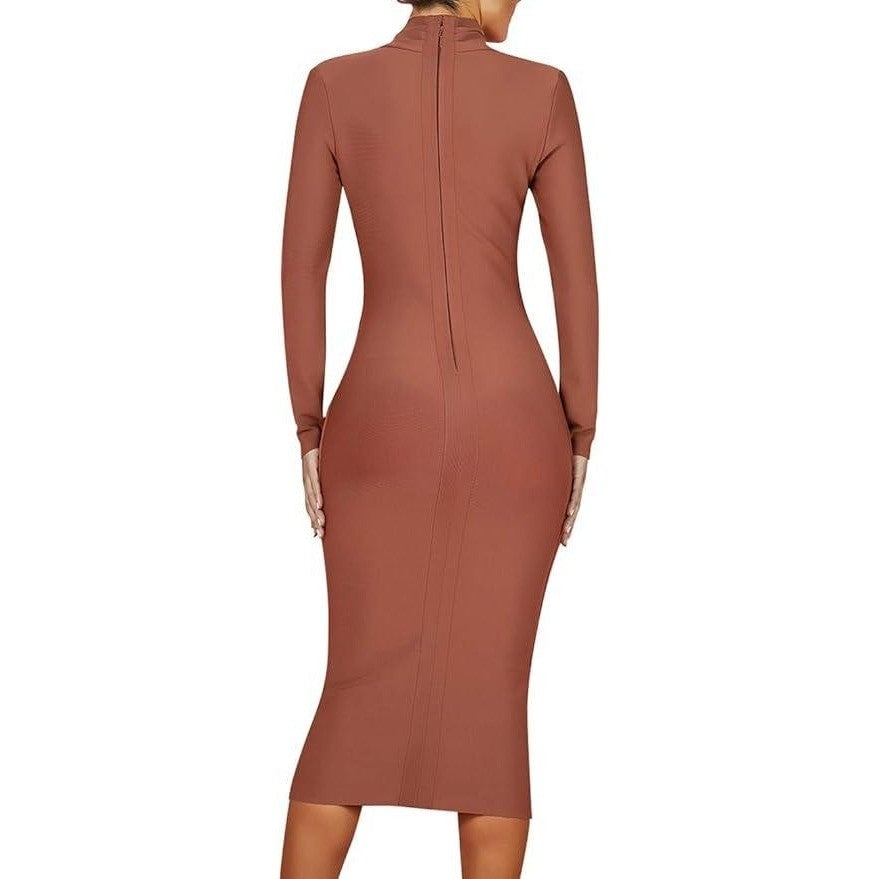 UONBOX Womens M Dress Deep Plunge V Neck Long Sleeves (Real color pic 2) Draped
