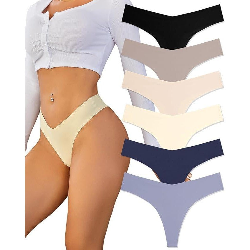 Set of 6 FINETOO Women's M Seamless Thongs Sexy No Show Panties Invisible V-Wa