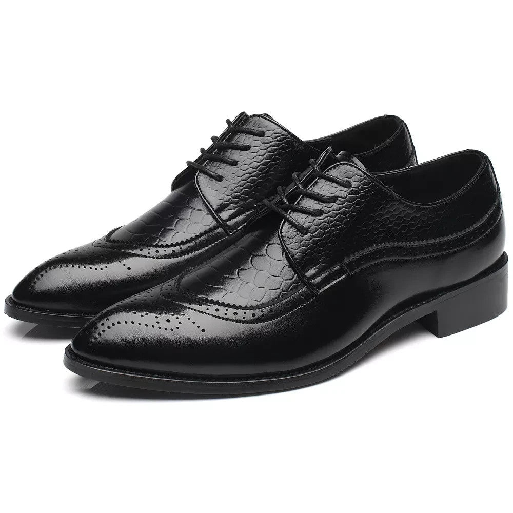 Santimon Men's US 9-12.5 Snake-Embossed Wingtip Brogue Dress Oxford Shoes Black
