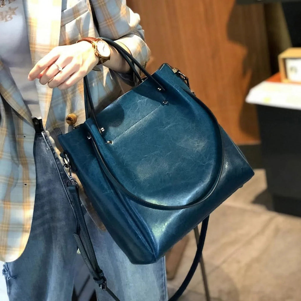 Women's One-shoulder Large Casual Tote Fashion Messenger Cowhide Leather Bag Blu