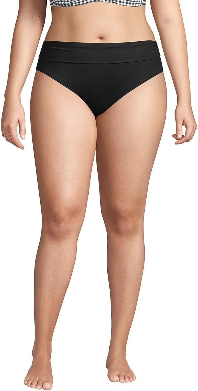 Lands' End Women's S LONG Bikini Swim Bottoms Fold Over Mid Waist Black Chlorine
