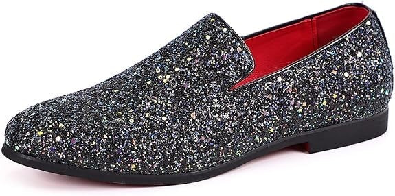 Santimon Men's US 9, 10 Black Glitter Slip-On Loafers Sequin Dress Shoes