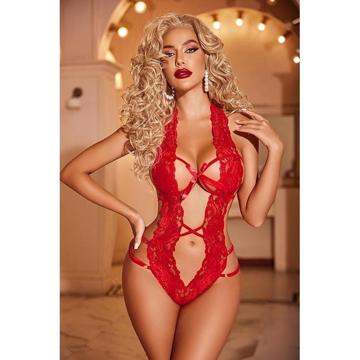Avidlove Women's L Red Deep V Halter Lingerie Teddy One Piece Bodysuit Lace